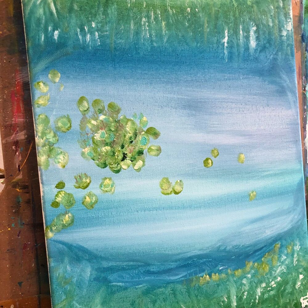 WS original pond painting 14X11 canvas acrylic impressionism modern fine art - Picture 3 of 10